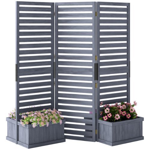 Outsunny - Freestanding Outdoor Privacy Screen, 4 Self-Draining Planters / Raised Garden Beds, 3 Hinged Panels - Gray-Front_Standard 