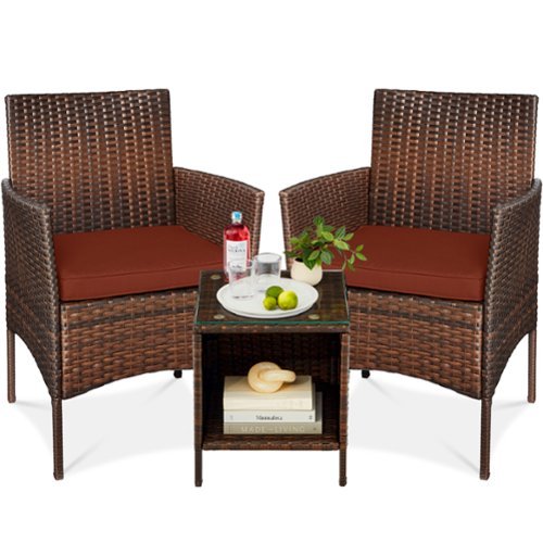 Best Choice Products - 3-Piece Outdoor Wicker Conversation Patio Bistro Set, w/ 2 Chairs, Table - Brown/Dark Rust-Front_Standard 