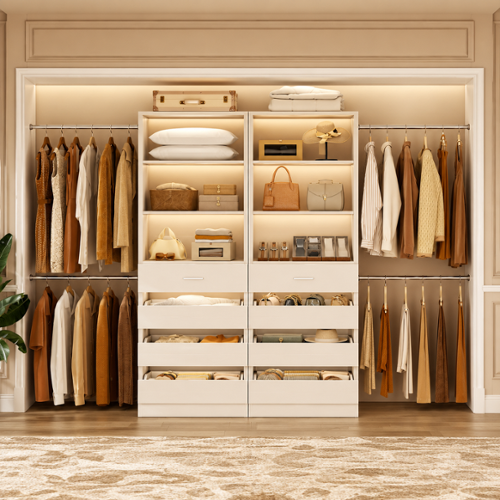 Aheaplus 2 Piece 4 9Ft Wooden Closet Organizer with 4 Drawers, 8