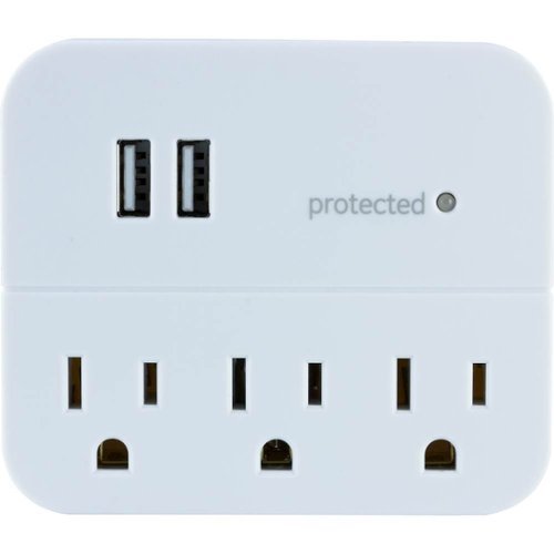 GE - 3-Outlet/2-USB Wall Tap Surge Protector - White