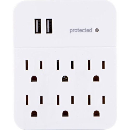  GE - 6-Outlet/2-USB Wall Tap Surge Protector - White