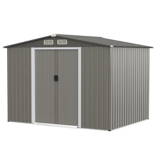 Costway - 8'x6' Outdoor Storage Shed Galvanized Steel Tool House Organizer for Garden Yard - Light Gray-Front_Standard 