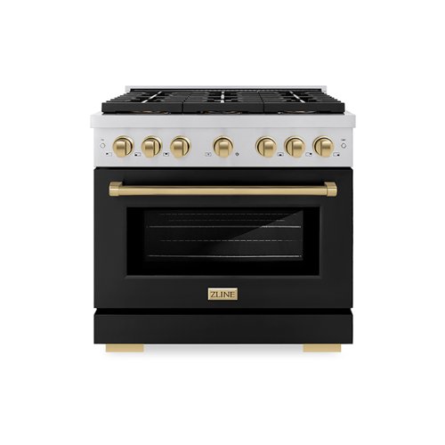 Front. ZLINE - ZLINE Autograph 36 in. Paramount Gas Range with 6 DuoPro Burners w/ Black Door & Bronze Accents (PSGRZ-BLM-36-CB) - Stainless Steel with Black Matte Door.
