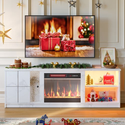 Pinmoco - TV Stand with Electric Fireplace LED TV Console Fits TVs up to 70 inch with Cabinet & Shelves - Marble White-Front_Standard 