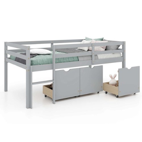 Costway Twin Size Low Loft Bed with 3 Drawers Ladder & Full-length Guardrails Storage - Grey