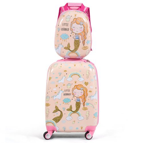 Costway 2PCS Kids Luggage Set 18'' Rolling Suitcase &  12'' Backpack Travel ABS Mermaid Pink - flesh pink