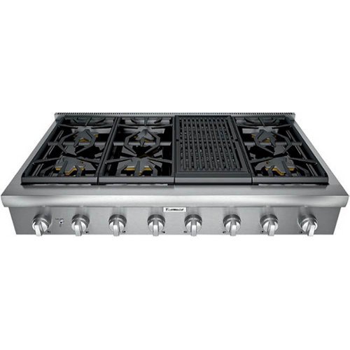 Thermador - Professional 48" Built-In Gas Cooktop with 6 Burners and Grill – Liquid Propane Convertible - Silver