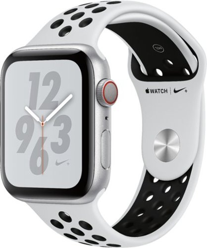 Apple Watch Nike+ Series 4 (GPS + Cellular) 44mm Silver Aluminum Case with Pure Platinum/Black Nike Sport Band - Silver Aluminum (Verizon) - (2018)-Left_Standard 