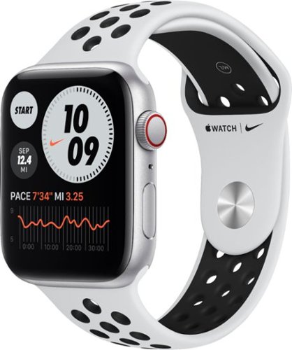 Apple Watch Nike SE (GPS + Cellular) 44mm Silver Aluminum Case with Pure Platinum/Black Nike Sport Band - Silver (Verizon) - (2020)-Front_Standard 