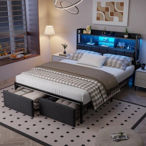 Furnulem - Upholstered Bed Frame with 2 Storage Drawers Modern Platform Bed with Charging Station & LED Light - Black-Front_Standard 
