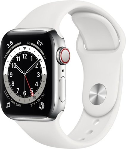 Apple Watch Series 6 (GPS + Cellular) 40mm Silver Stainless Steel Case with White Sport Band - Silver (AT&T) - (2020)-Front_Standard 