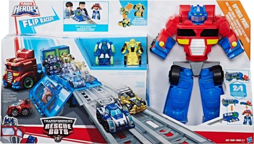  Transformers - Playskool Heroes Rescue Bots Flip Races Optimus Prime Race Track Trailer