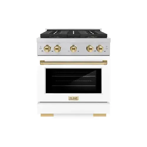 Front. ZLINE - Autograph 30 in. 4.2 cu. ft. Freestanding Paramount Gas DuoPro Range in Satin Steel with White Door and Gold Accents - White Matte.