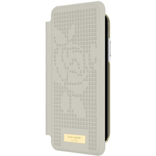 kate spade new york - Folio Case for Apple® iPhone® XR - Gold Logo Plate/Perforated Rose Clocktower Gray-Angle_Standard 