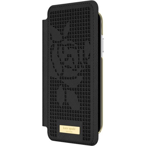 kate spade new york - Wrap Folio Case for Apple® iPhone® XR - Perforated Rose Black/Gold Logo-Angle_Standard 