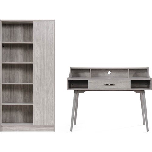 Noble House - Albany Mid Century Modern Home Office Desk with Bookcase - Gray Oak-Front_Standard 