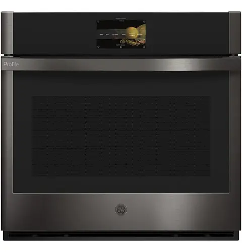 Front. GE Profile - 30" Smart Built-In Single Electric Convection Wall Oven with Air Fry & Precision Cooking - Black Stainless Steel.