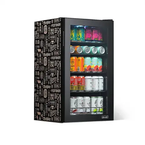 Front. NewAir - 126-Can Beverage Cooler with “Beers of the World” Custom Wrap, Glass Door, Custom, SplitShelf and 7 Temperature Settings - Black.