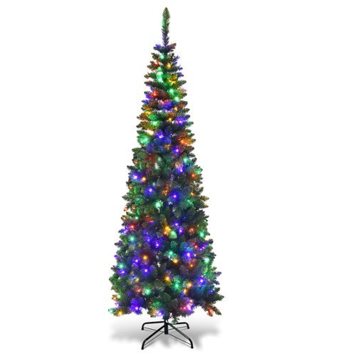 Costway - 7.5ft Pre-Lit Hinged Pencil Christmas Tree 350 Multicolor Lights - Green-Front_Standard 