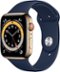 Apple Watch Series 6 (GPS + Cellular) 44mm Gold Stainless Steel Case with Deep Navy Sport Band - Gold - (2020)-Front_Standard