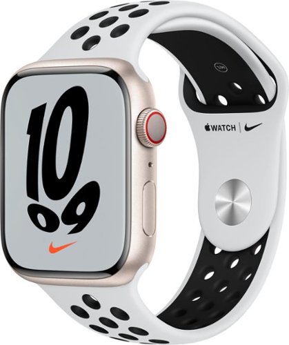 Apple Watch Nike Series 7 (GPS + Cellular) 45mm Starlight Aluminum Case with Pure Platinum/Black Nike Sport Band - Starlight (Verizon) - (2021)-Angle_Standard 