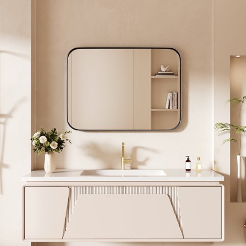 LOVMOR Tempered Glass Rounded Rectangle Framed Wall-Mounted Bathroom Vanity Mirror - 22 in. W x 30 in. H - Black GLOBAL SHIPPING