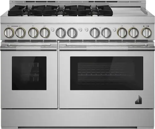 Front. JennAir - RISE 6.3 Cu. Ft. Freestanding Double Oven Gas True Convection Range with Chrome-Infused Griddle - Stainless steel.