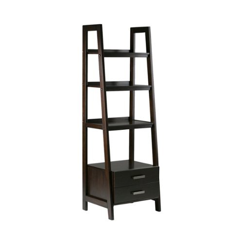  Simpli Home - Sawhorse Modern Industrial Solid Wood 4-Shelf 2-Drawer Bookcase - Dark Chestnut Brown