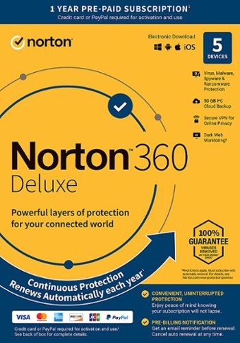 Norton - 360 Deluxe (5 Device) Antivirus Internet Security Software + VPN + Dark Web Monitoring (1 Year Subscription) - Android, Mac OS, Windows, Apple iOS