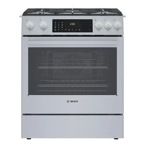 Front. Bosch - 800 Series 4.6 Cu. Ft. Slide-In Dual Fuel Convection Range with Self-Cleaning - Stainless steel.