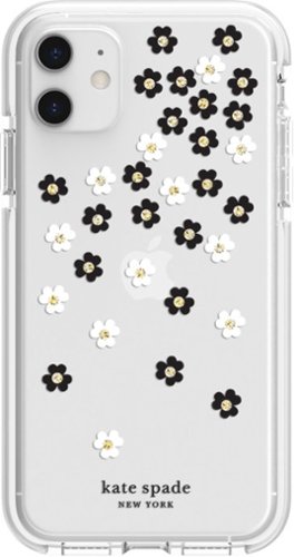 kate spade new york - Defensive Hardshell Case for Apple® iPhone® 11 - White/Clear/Scattered Flowers Black/Gold Gems