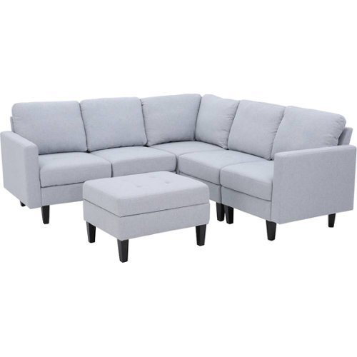 Noble House - Gosport Fabric 6-Piece Sectional Sofa With Ottoman - Light Gray-Front_Standard 
