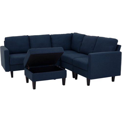 Noble House - Gosport Fabric 6-Piece Sectional Sofa With Storage Ottoman - Dark Blue-Front_Standard 