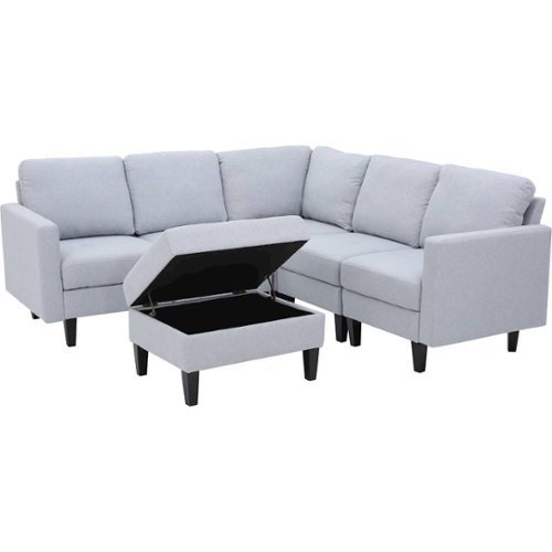 Noble House - Gosport Fabric 6-Piece Sectional Sofa with Storage Ottoman - Light Gray-Front_Standard 