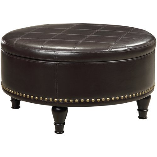 INSPIRED by Bassett - Augusta Round Mid-Century Wood / Bonded Leather Ottoman With Inner Storage - Espresso