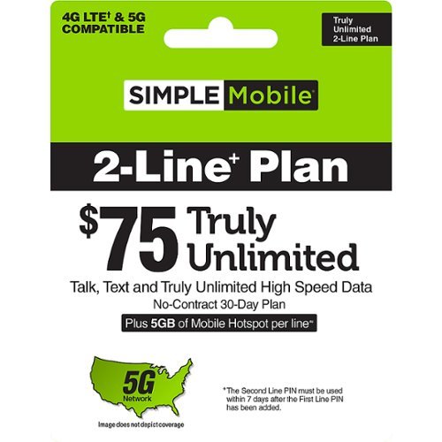 Simple Mobile - $75 TRULY UNLIMITED High Speed Data, Talk & Text 30-Day 2-Line+ Plan (Email Delivery) [Digital]