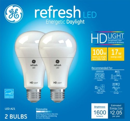GE - Refresh HD 1600-Lumen, 17W Dimmable A21 LED Light Bulb, 100W Equivalent (2-Pack) - White-Front_Standard 