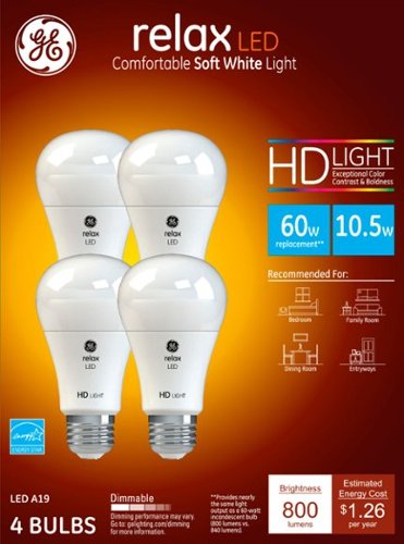 

GE - Relax HD 800-Lumen, 10.5W Dimmable A19 LED Light Bulb, 60W Equivalent (4-pack) - White