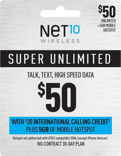 Net10 - $50 Super Unlimited 20-Day plan, $20 International Calling Credit Plan Plus 5GB of Mobile Hotspot (Email Delivery) [Digital]