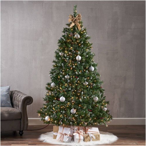 Noble House - 7' Mixed Spruce Pre-Lit Hinged Artificial Christmas Tree with Frosted Branches, Red Berries and Frosted Pine Cones - Green + Clear Lights-Alt_View_Standard_16