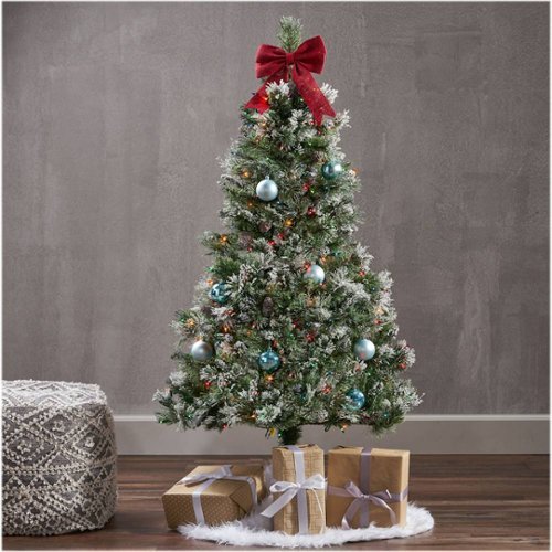 Noble House - 4.5' Cashmere Mixed Needles Pre-Lit Hinged Artificial Christmas Tree with Snow & Glitter Branches and Frosted Pine Cones - Green + Multi Lights-Alt_View_Standard_14 