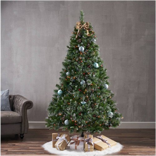 Noble House - 7' Mixed Spruce Pre-Lit Hinged Artificial Christmas Tree with Glitter Branches, Red Berries and Pinecones - Green + Multi Lights-Alt_View_Standard_15 