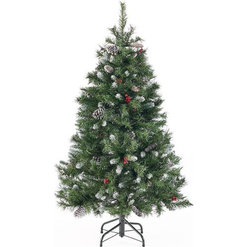 Noble House - 4.5' Mixed Spruce Unlit Hinged Artificial Christmas Tree with Frosted Branches, Red Berries, and Frosted Pinecones - Green-Front_Standard 