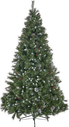 Noble House - 7' Mixed Spruce Unlit Hinged Artificial Christmas Tree with Frosted Branches, Red Berries and Frosted Pinecones - Green-Front_Standard 