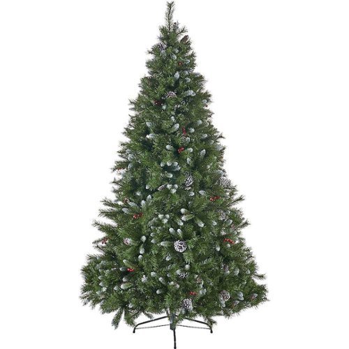 Noble House - 7.5' Mixed Spruce Unlit Hinged Artificial Christmas Tree with Frosted Branches, Red Berries, and Frosted Pinecones - Green-Front_Standard 