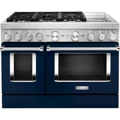 Front. KitchenAid - 6.3 Cu. Ft. Freestanding Double Oven Dual Fuel True Convection Range with Self-Cleaning - Ink Blue.
