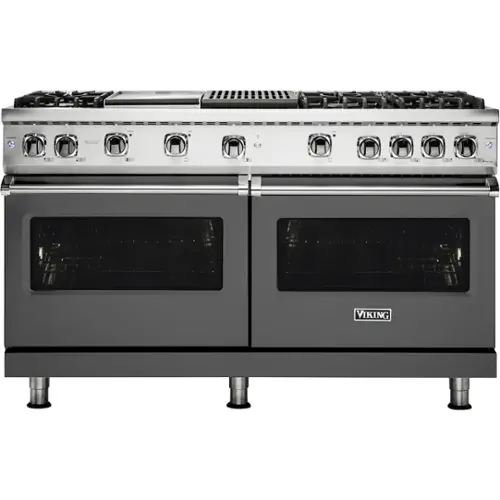 Front. Viking - Professional 5 Series 8 Cu. Ft.  Freestanding Double Oven LP Gas Convection Range - Damascus Gray.