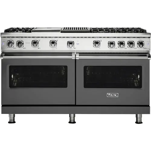 Front. Viking - Professional 5 Series Freestanding Double Oven Gas Convection Range - Damascus Gray.