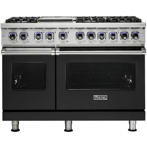 Front. Viking - 48"W 7-Series Dual Fuel Self-Clean Range-6 Burners + Griddle - Cast Black.