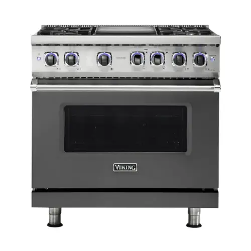 Front. Viking - Freestanding 7 Series Dual Fuel Self-Clean 36"W Range - Damascus Gray.
